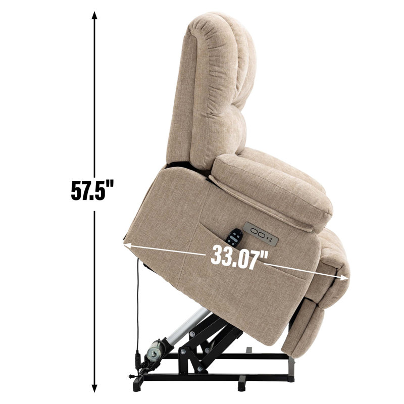 High Back Large Size Chenille Power Lift Recliner Chair with 8-Point Vibration Massage and Lumbar Heating, Beige