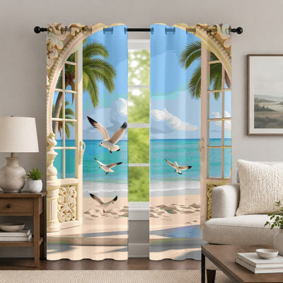 2Pcs Seaside Scenery Curtains, Tropical Beach Style Curtain, Coastal Ocean View with Seagulls Printed Art Grommet Drapes, Window Treatment for Bedroom Living Room Decor