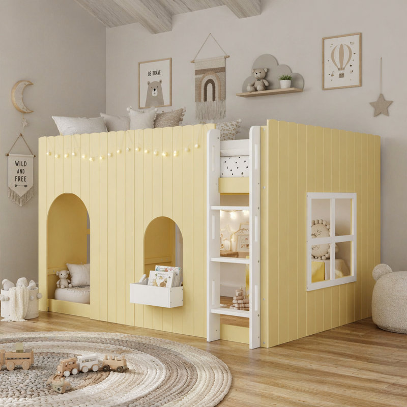 Lit mezzanine pour enfants avec lumière DEL chaude, Full, Yellow