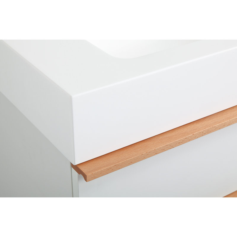 Meuble-lavabo flottant mural blanc de 30 po, avec lavabo en acrylique intégré, glissières de tiroir à fermeture en douceur, poignées en bois massif bicolore, organisateur de rangement intégré, revêtement en peau matte,