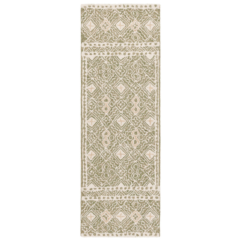 Tapis en laine / coton touffeté à la main Decklen en ivoire / vert, Tapis de couloir 2 pi 3 po x 7 pi