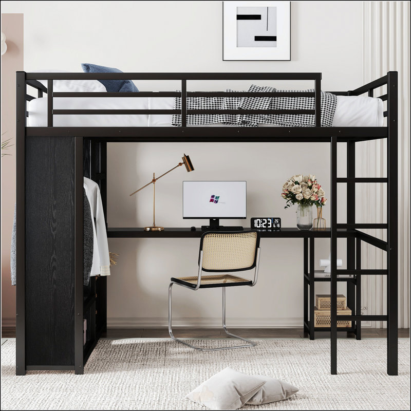 Structure de lit double pleine grandeur avec garde-robe intégrée, Noir, Double