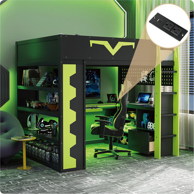 Lit mezzanine pleine grandeur avec bureau intégré et lumières à DEL, lit Pro-Gamer avec prise de courant, grande bibliothèque, panneau perforé, plateau à clavier et tiroir de rangement, 3 couleurs disponibles, vert