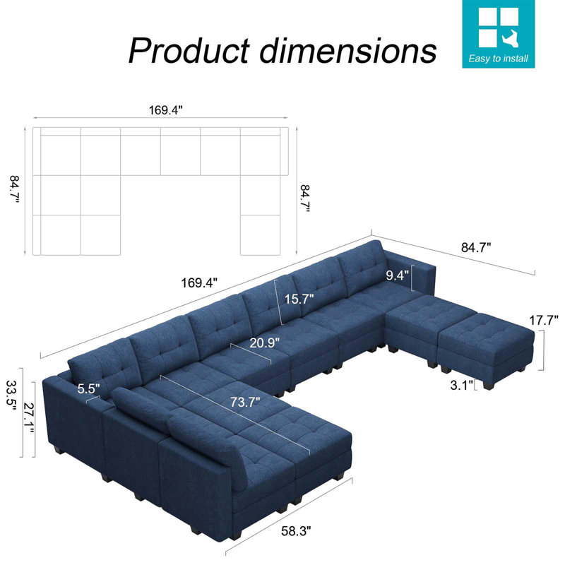 Grand canapé modulaire modulaire en U en mélange de polyester avec rangement 169,4 po Ashbury Ivery, Mélange de lin bleu