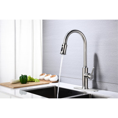 Kitchen Faucet With 360 Rotating Pull Down - High Arc Design, Three Water Output Patterns, Single Lever For Easy Adjust, Brushed Nickel Surface, Stainless Steel Body, Rust Build, Splash Swiveling