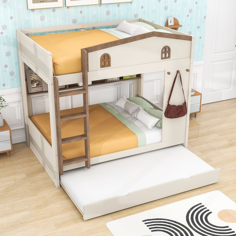 Lit superposé en bois avec lit gigogne, tablettes et lattes, Lit superposé double sur double, Naturel beige