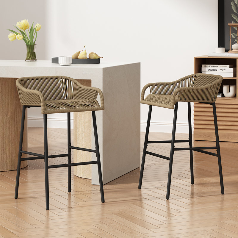 Carrianna Patio Rope Woven Barstool, Brown