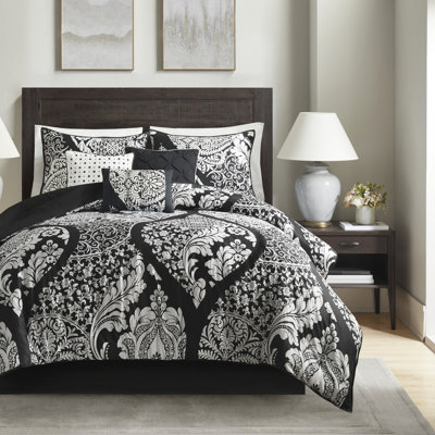Édredon pour très grand lit 7 pièces - noir avec motif de taie décorative complexe en coton à envers croisé