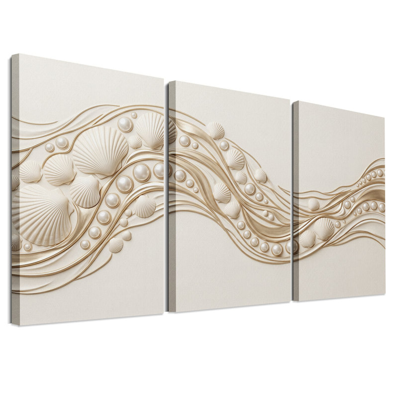 Ensemble de 3 toiles murales « Coquillages blancs et perles dans des vagues dorées », 36"H x 24"W x 3pcs