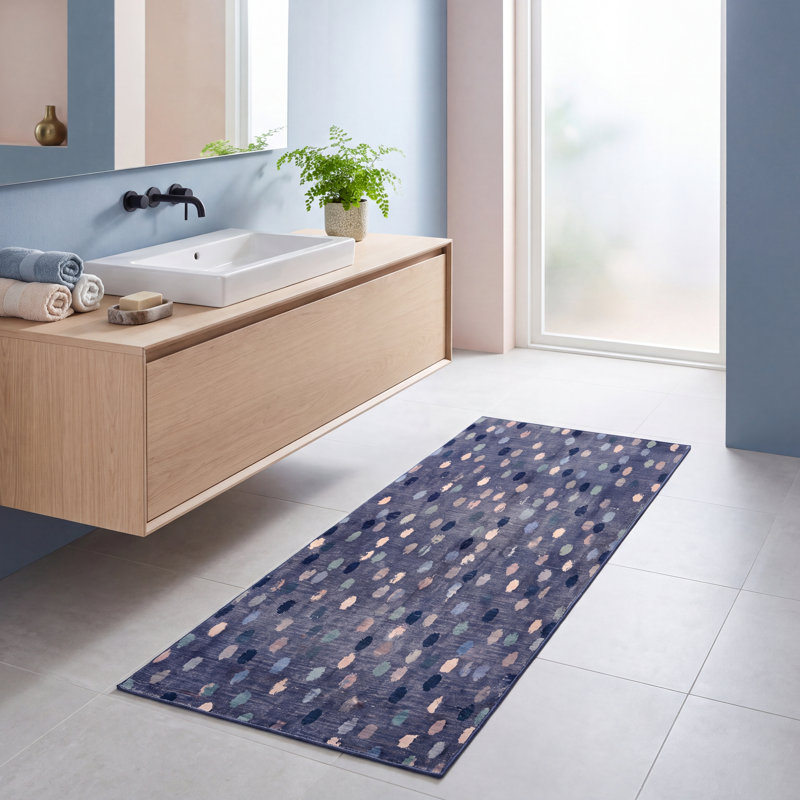 Tapis Lowland Modern à poils courts, motif mosaïque mouchetée abstraite, bleu marine, turquoise, gris, crème et rose, lavable à la machine, antidérapant, pour l'intérieur et l'extérieur, adapté aux animaux domestiques, idéal pour le salon, la chambre, la salle à manger, l'entrée, le couloir ou le bureau.