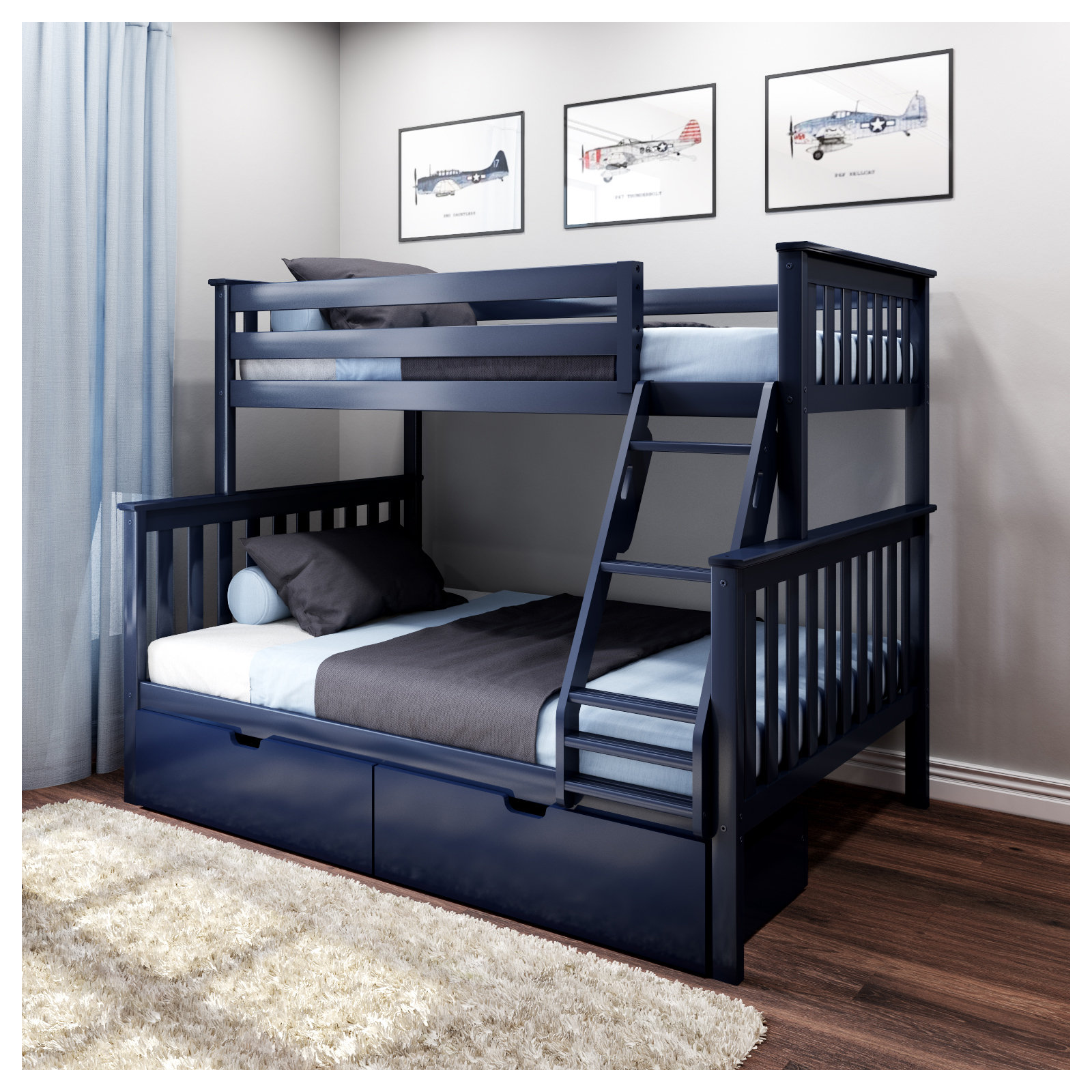 Bolles Kids Bunk Bed with Drawers, Twin over Full, Blue