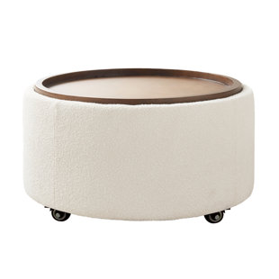 Caysey 30.1" W Upholstered Swivel Round Storage Ottoman with Wooden Tray