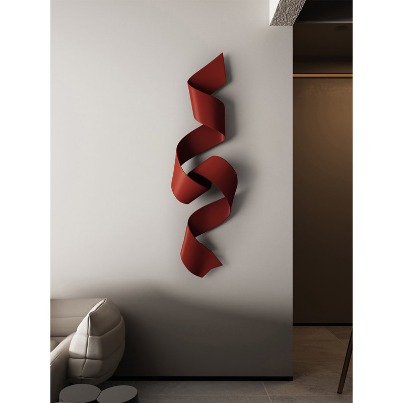 Sculpture murale minimaliste en ruban de métal, décoration murale flottante en spirale 3D, 70.87" H x 20.87" W x 1.97" D, Red