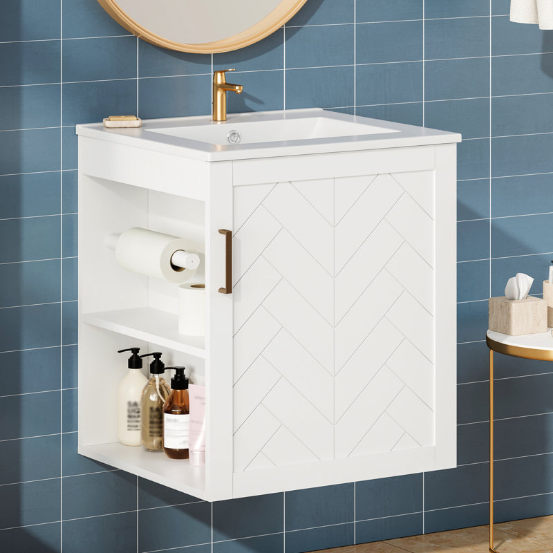 Meuble-lavabo mural de 51 cm (20 po), de style moderne, blanc, avec lavabo, étagères ouvertes, rangement optimal, porte fermée pour plus d'intimité avec fermeture amortie, porte-papier hygiénique intégré et construction résistante à l'eau.