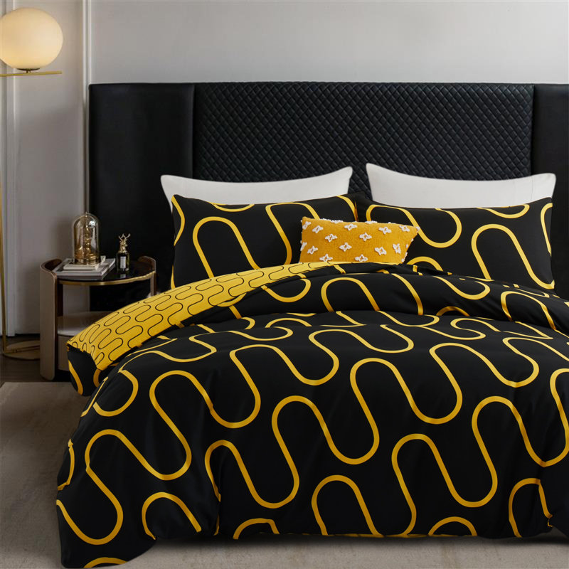 Ultra Soft Microfiber Dual Pattern Reversible Duvet Cover With Matching Pillow Covers, Ochre/Black Wave