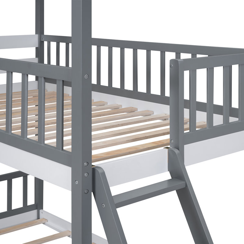 Lit superposé en bois avec toit, fenêtre, échelle, Gris