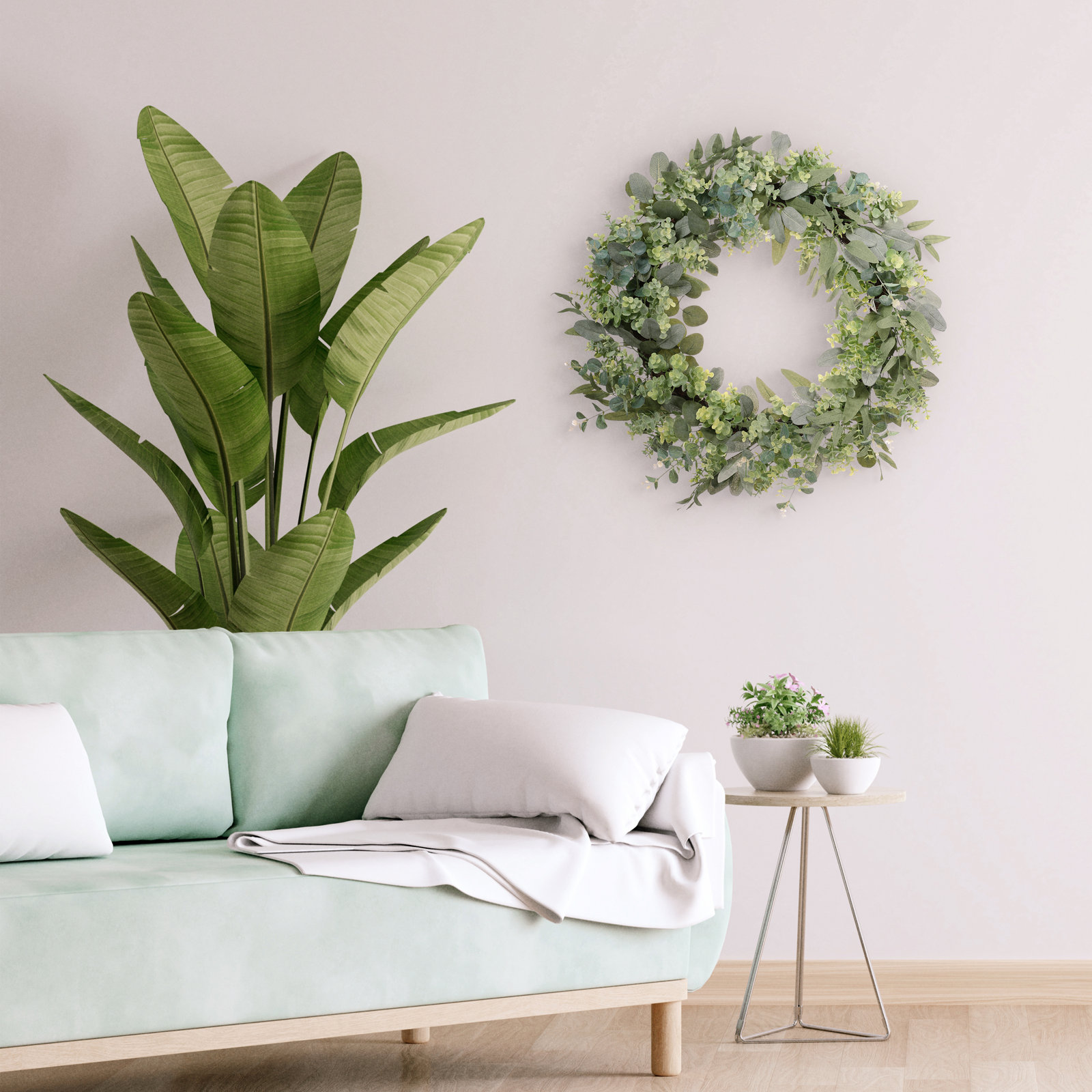 30" Artificial Eucalyptus Spring Wreath With Creeping Jenny Leaves, 5" W x 30" H x 5" D