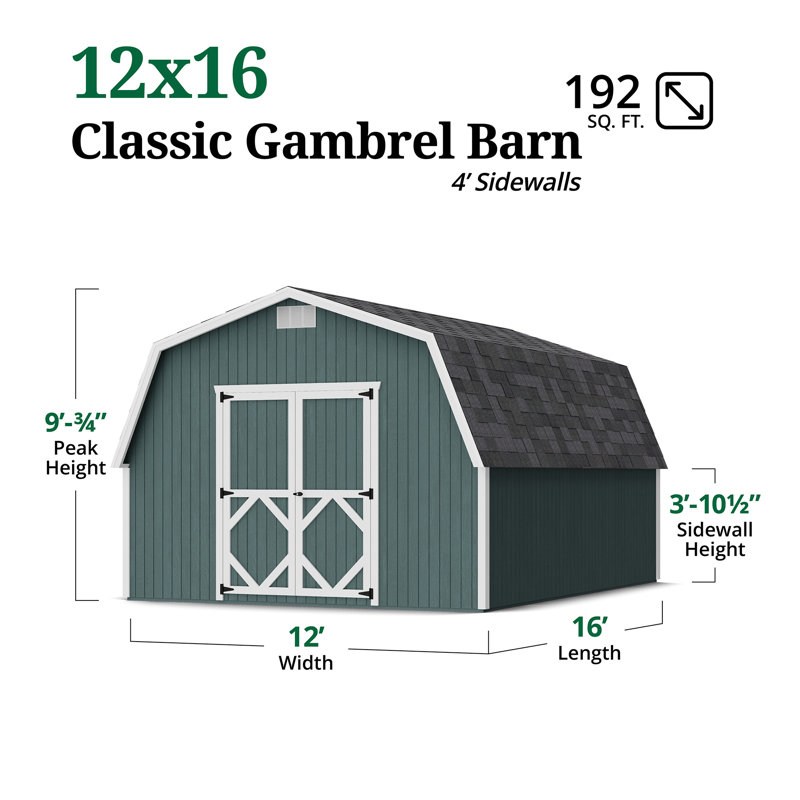 Classic Gambrel Outdoor Wood Storage Barn with 4 ft. Sidewalls, 12' x 16', Yes