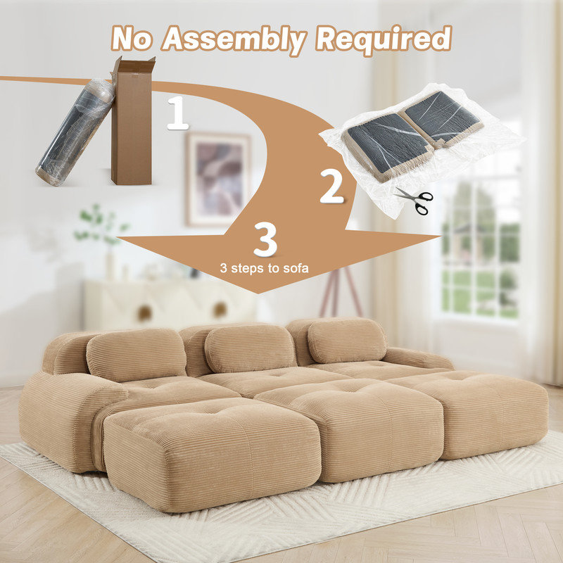 Modular Sleeper Sectional Cloud Couch With Ottoman, Plush Corduroy, No Assembly Required, Big Comfy Couches Set With Fluffy Memory Foam