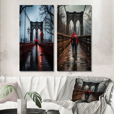 «Red Gray New York Brooklyn Bridge», 2 pièces sur toile
