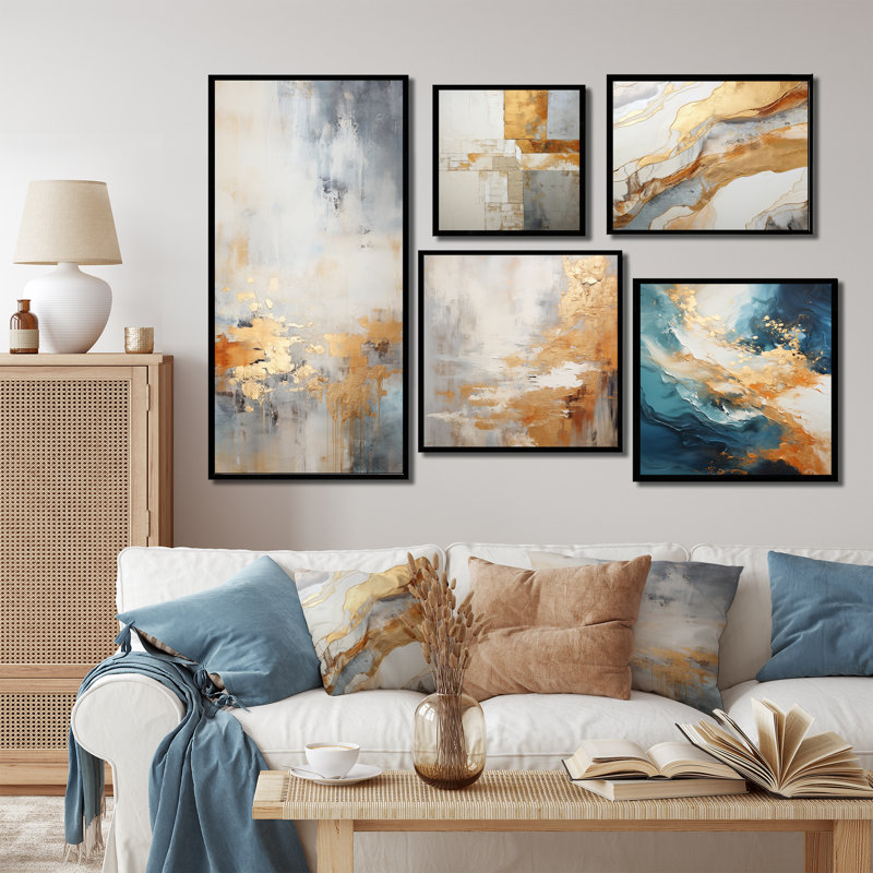 Minimalisme beige et vague dorée horizon I - ensemble de 5 reproductions d'art sur toile minimalisme côtier