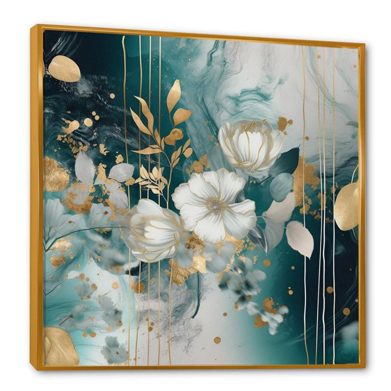 " Golden Blue Marble Flowers I ", 16" H x 16" W x 1" D, Gold Floater Framed