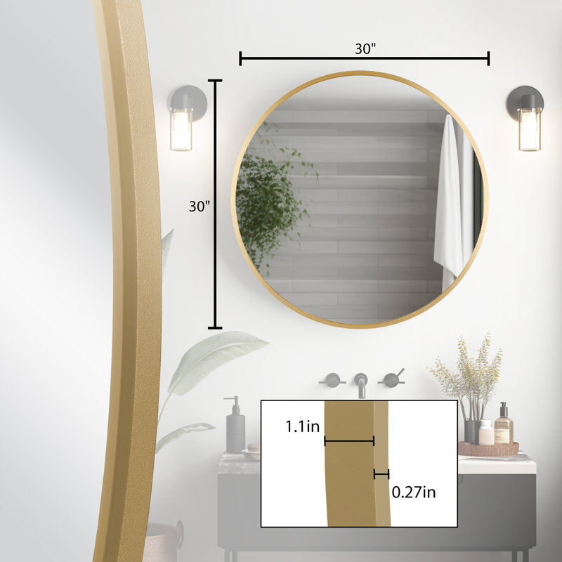 Wall Mounted Round Mirror With Aluminum Alloy Frame, Tempered Glass Round Mirror, Brushed Brass, 30" x 30"