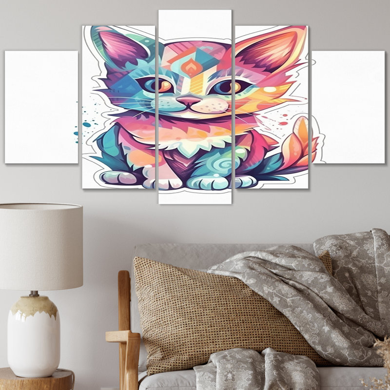 Illustration de chat rose mignon chaton II - animaux, décoration murale chat - 5 panneaux