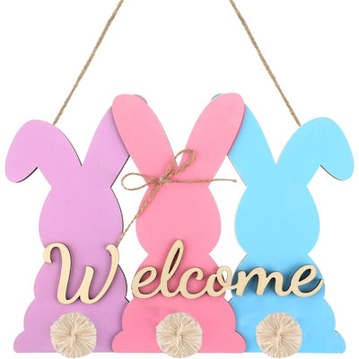 Easter Bunny Welcome Door Sign Easter Wooden Door Decor Bunny Wreath Hanging Plaque Farmhouse Home Front Porch Rabbit Sign With Bow For Shop Home Garden Spring Decor(Assorted Color)