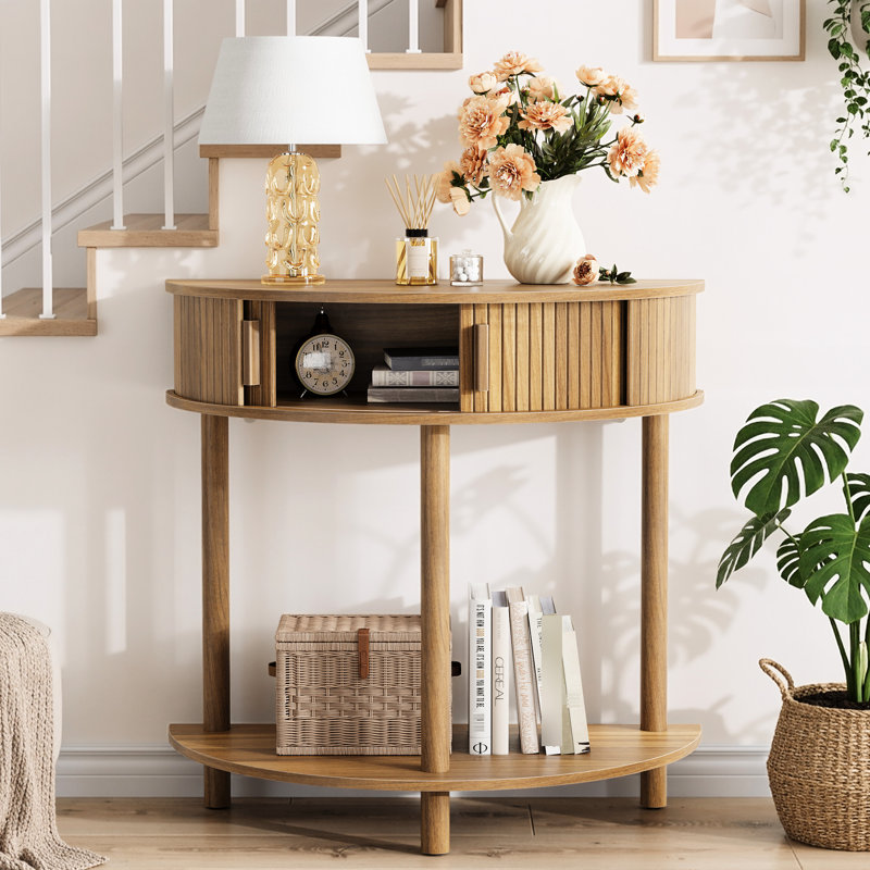 Console moderne de 80 cm (31,5 pouces), en forme de demi-lune, idéale pour une entrée, avec tiroirs de rangement et pieds stables, en noyer massif.