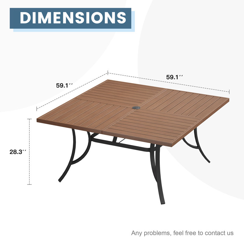 Square Metal Outdoor Dining Table With Umbrella Hole , 59.1'' in. W 59.1'' in. D, Walnut