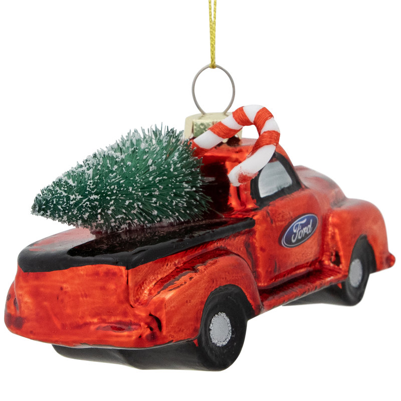 Ornement de Noël 4 po en forme de camion rouge rétro avec arbre en verre Ford