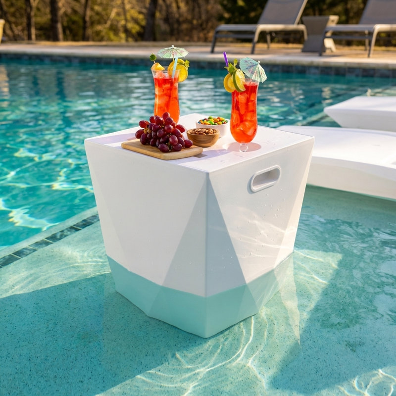 Assemble-Free Pool End Table, Side Table with 2 Cup Holders and 1 Tablet Holder for Outdoor , White