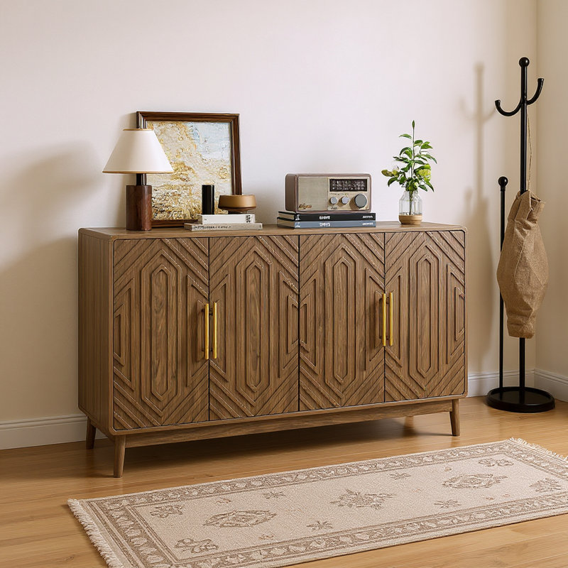 Armoire de rangement 55 po en noyer avec bords arrondis, 4 portes et tablettes réglables