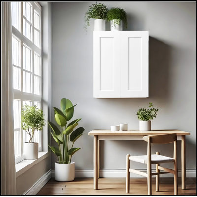 24 Inch White Shaker Double Door Wall Cabinet With Adjustable Shelves For Versatile Storage In Kitchen, Bathroom, Laundry, And Garage