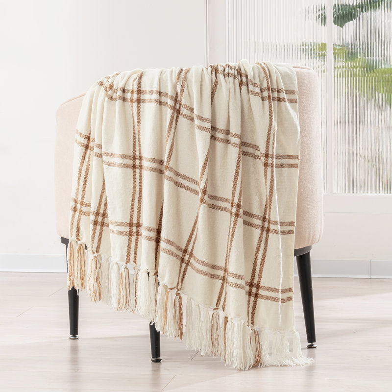 Jeté en chenille douce, L 80 po x l 60 po, Crème / carreaux beige