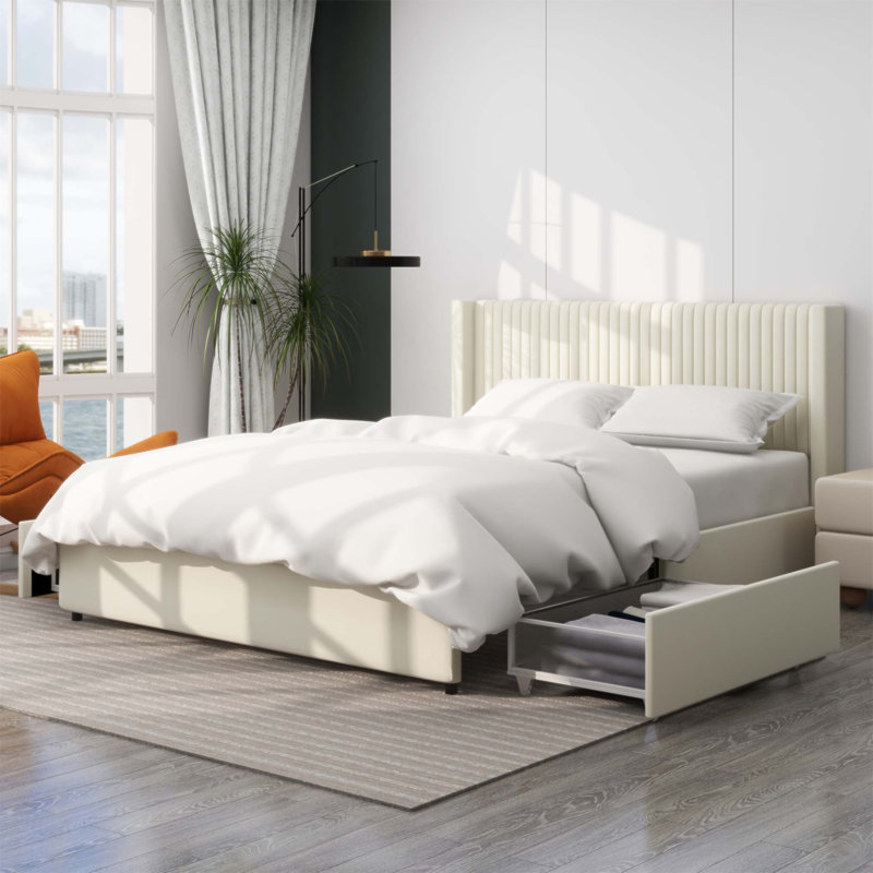 Lit de rangement à 2 tiroirs breveté Anna avec velours à oreilles et support en lattes de bois, aucun sommier nécessaire, moderne et fonctionnel