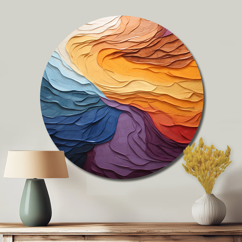 Abstrait lyrique jaune orange, coucher de soleil lyrique II - Art abstrait rond en métal, H 36 po x l 36 po x P 1 po