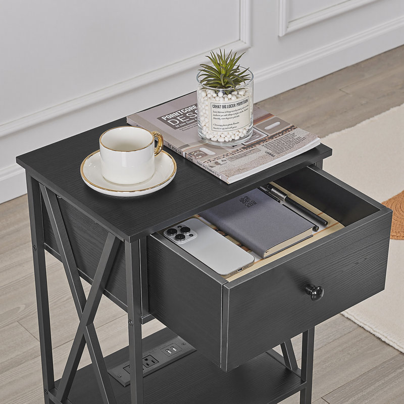 Industrial Black Nightstand with Charging Station, Rustic Bedside Table, Individual, Black