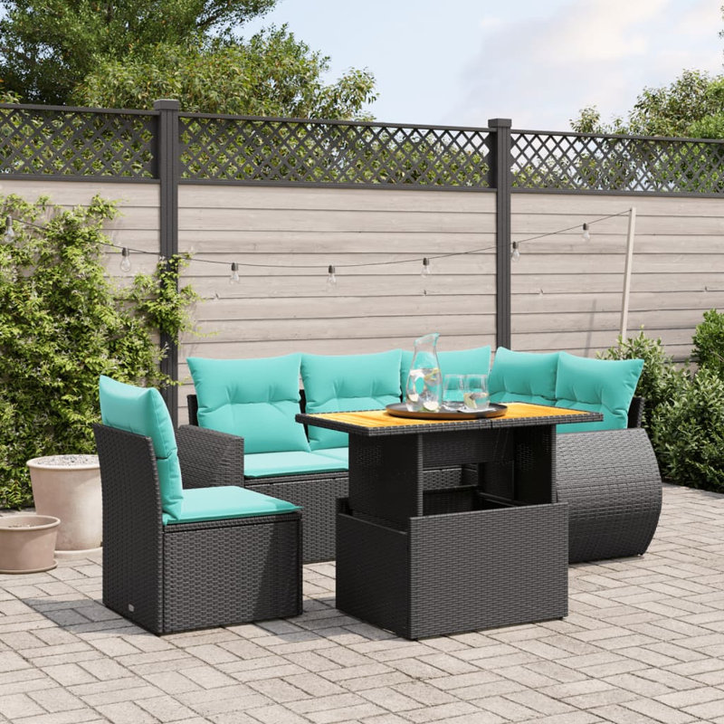  Ensemble de canapé de patio 6 pièces avec coussins en rotin de polyester, Noir, Vert