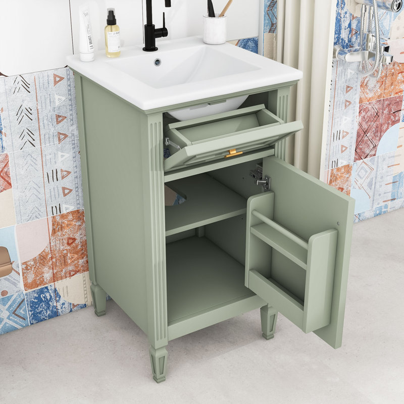 Meuble-lavabo en bois avec tiroir de rangement, tablettes et lavabo, Vert