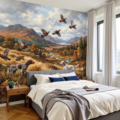 Papier peint auto-adhésif Grouse Birds Hunting Dogs Autumn Highland Mountain Landscape