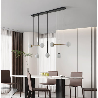 Luminaire suspendu 7 lumières Ved noir et or brossé avec abat-jour en verre blanc Ved