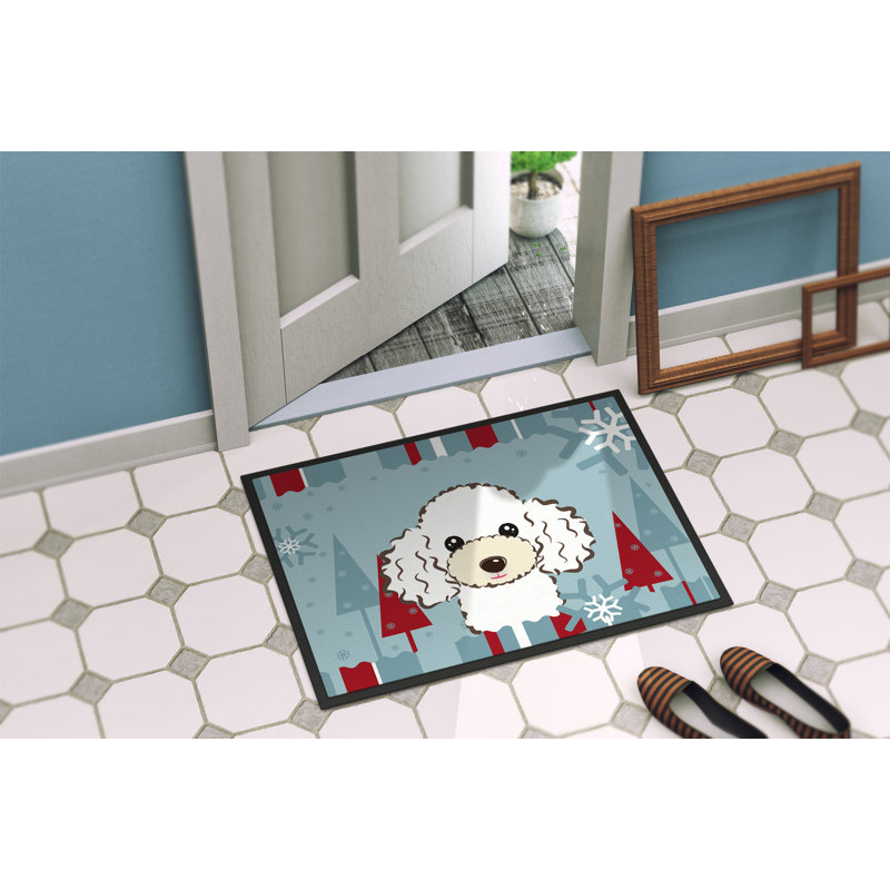 Tapis pour porte d’extérieur antidérapant caniche de noël winter, Rectangle 1 pi 6 po x 2 pi 3 po, Blanc / bleu