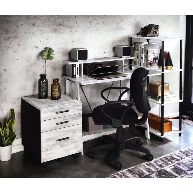 Bureau blanc et noir au charme antique - Piètement en métal de style antique - Deux tiroirs - Passe-câbles pour écrire - Style et durabilité - Grand espace de rangement