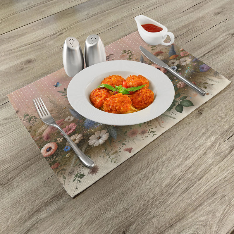 Rose and Olive Green Floral Polyester Rectangle Placemats Set of 4