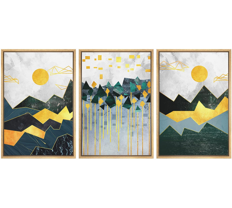 " Geometric Gold Mountain Landscape Abstract Nature Modern Art Decor Panorama Multicolor " 3 - Pieces, Naturel