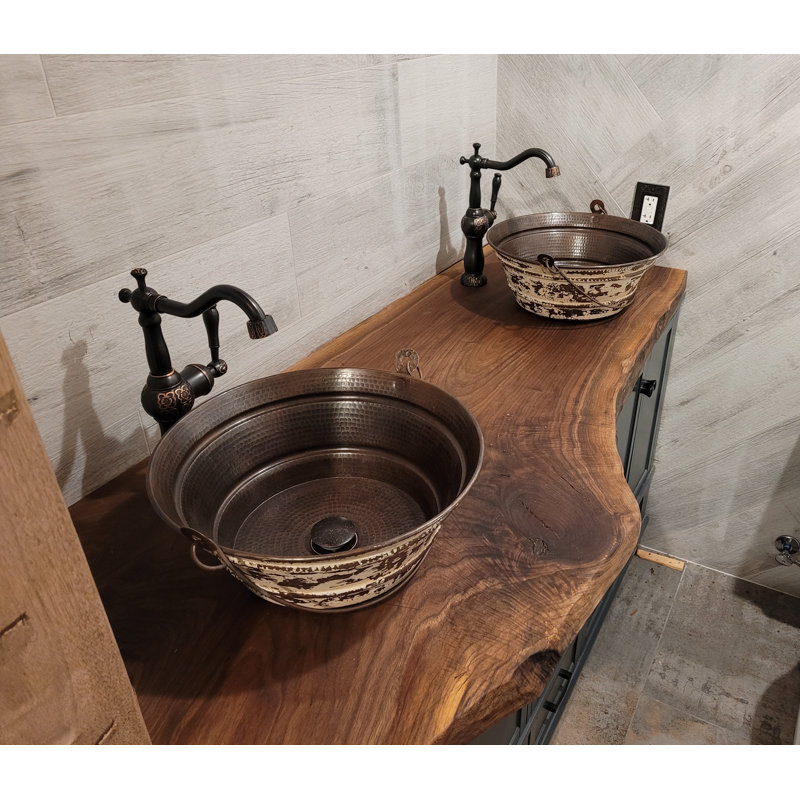 Rustic Copper BUCKET Vessel Sink Distressed White Exterior, Pop-Up Drain Included