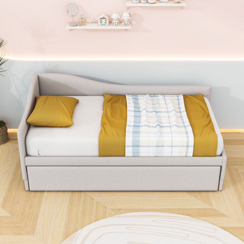 Twin Upholstered Daybed with Pop Up Trundle, Beige