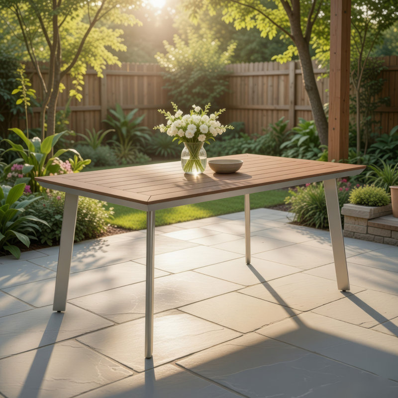 Farjand Rectangular Wood Metal Outdoor Dining Table , 63'' in. W 35.5'' in. D, Silver